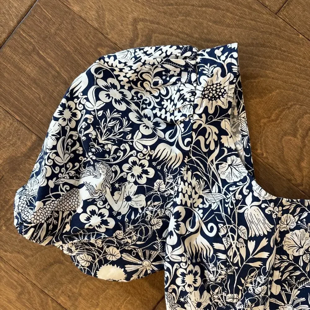 J Crew Top Womens 0 Puff Sleeve Navy White Toile Poplin Mermaid Floral